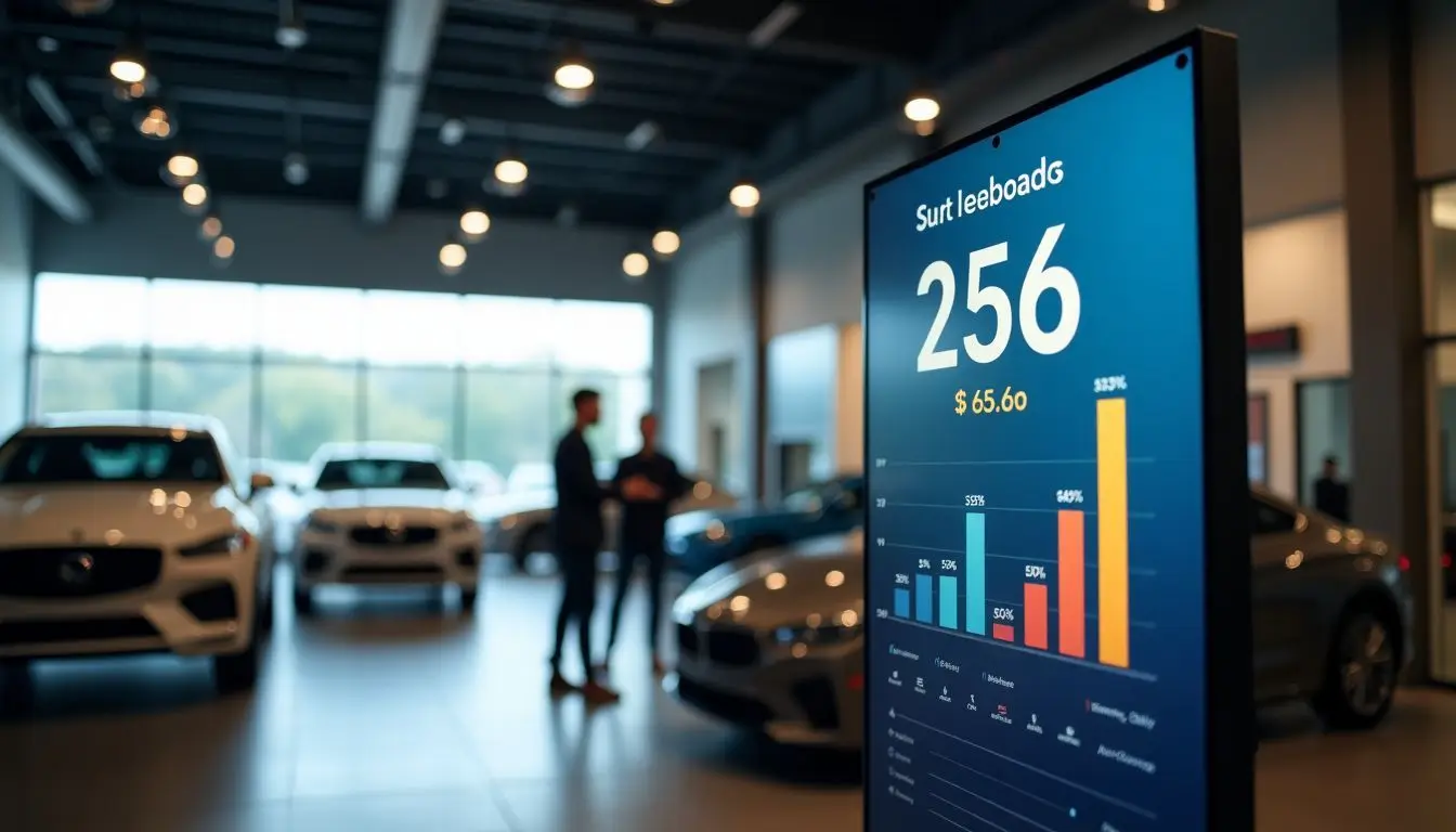 A digital sales leaderboard displayed in a modern car dealership showroom.