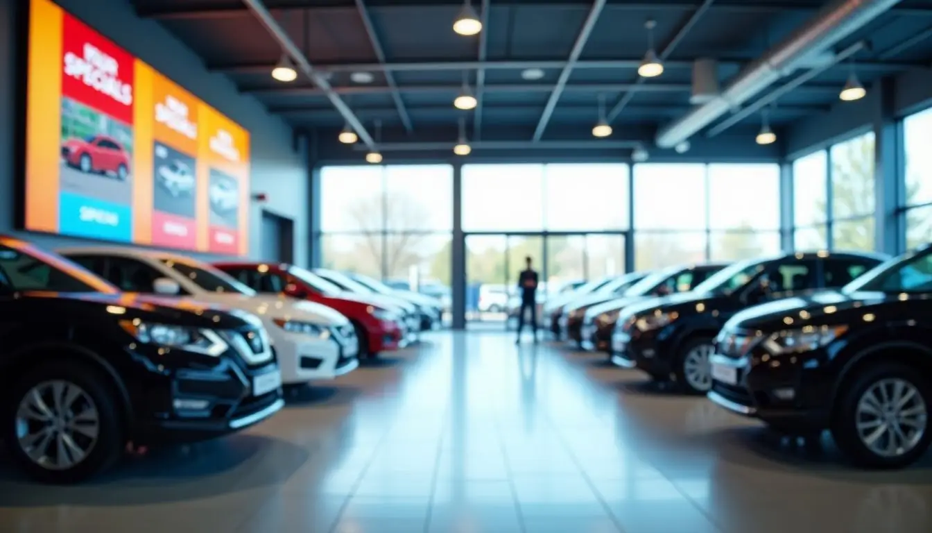 A modern and inviting car dealership showroom with digital vehicle displays.