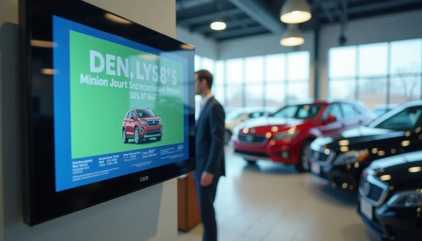 The image shows a digital sales leaderboard in a car dealership showroom.