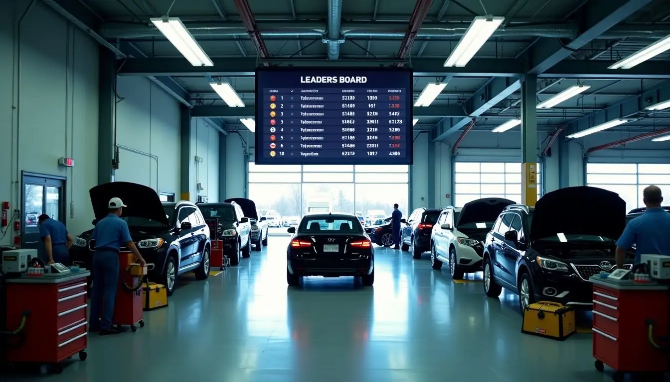 An overhead view of a busy dealership service bay with a digital Fixed Ops Leaderboard.