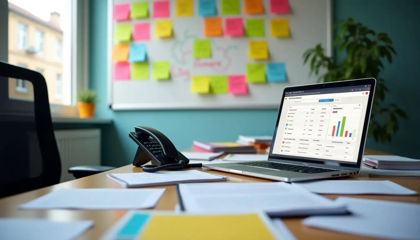 A cluttered office desk with open laptop and CRM strategies on whiteboard.