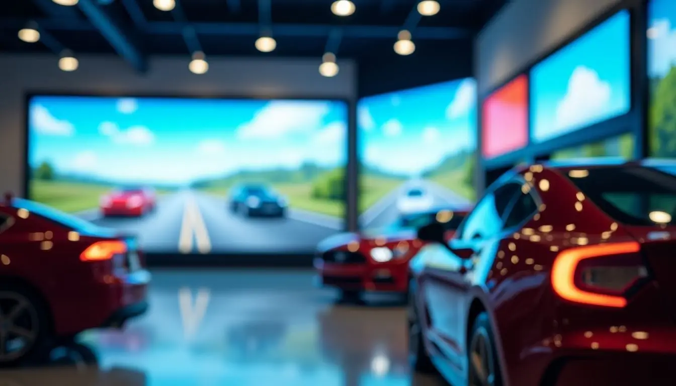 A digital LED wall showcases cars in a busy automotive dealership.