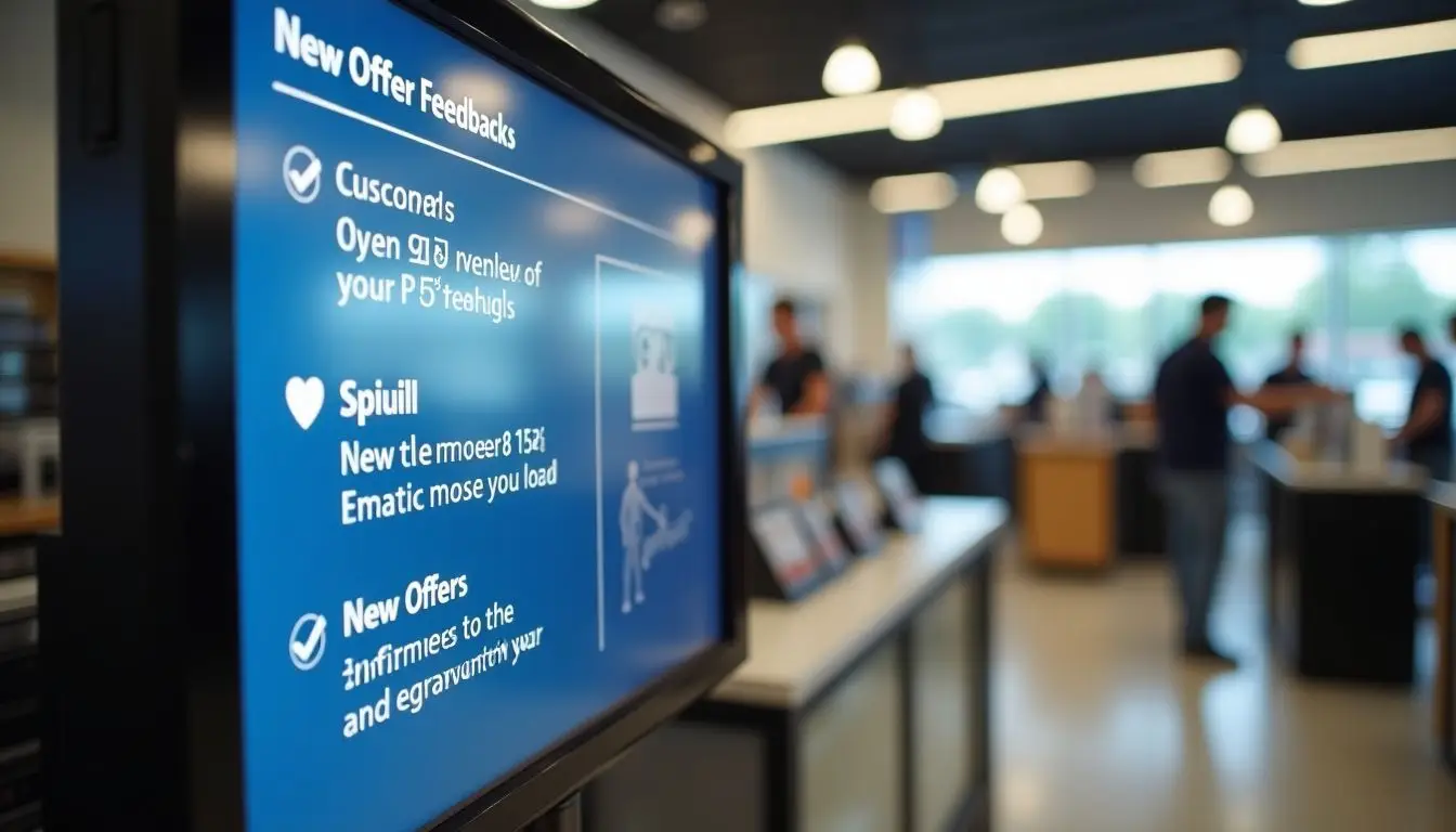 A digital display at a dealership shows customer feedback and new offers.