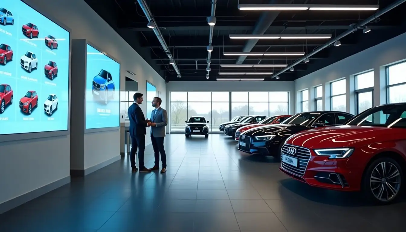 A modern car showroom with interactive screens and digital signs.