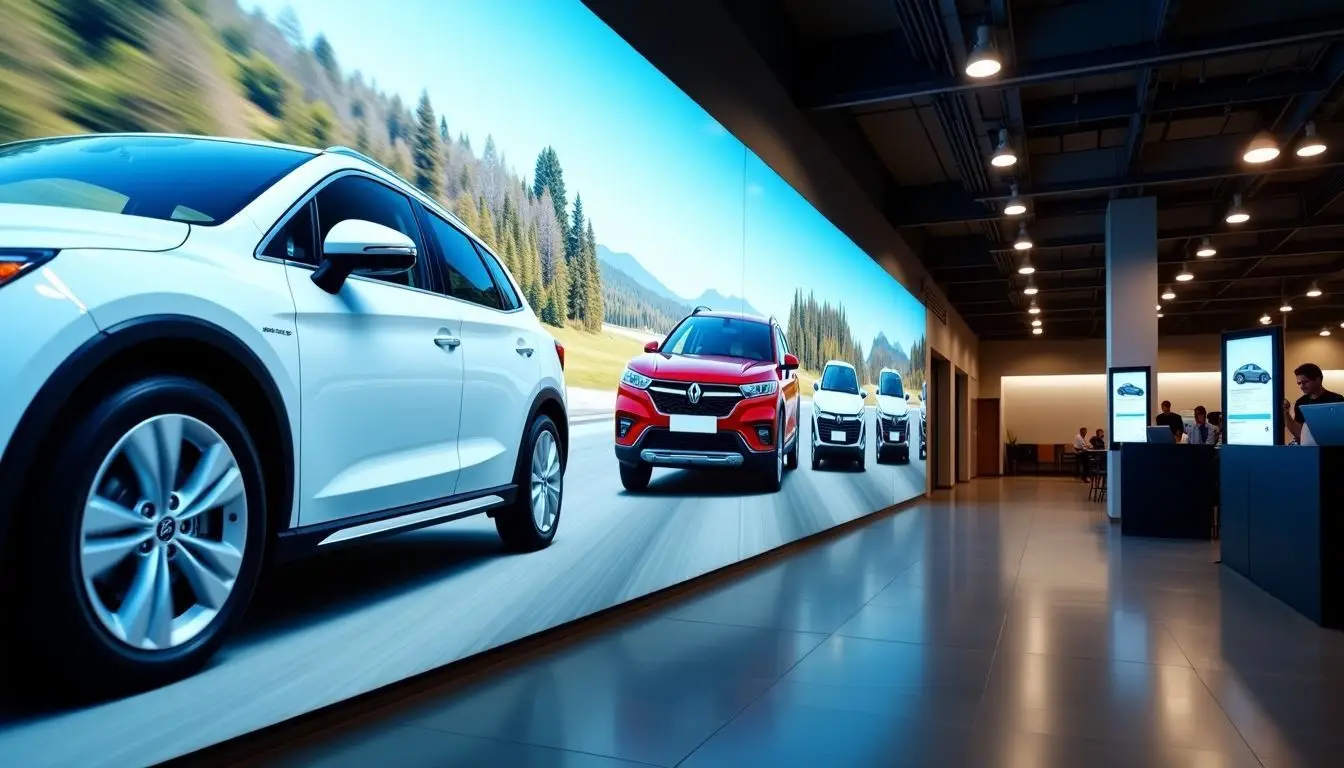 A showroom featuring modern vehicles and informative digital signs.