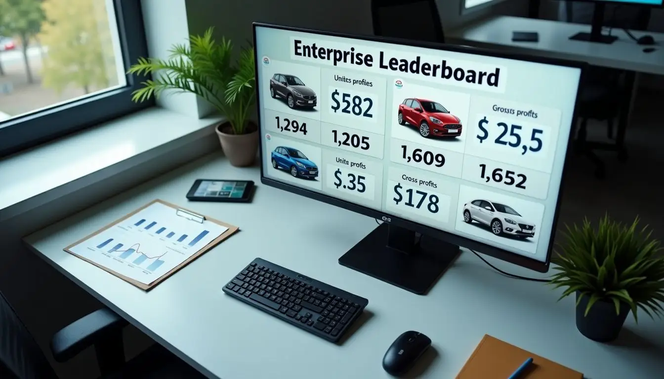 An overhead view of a modern office desk displaying car sales data.