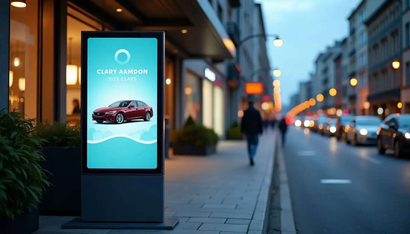 A digital sign displays personalized automotive ads on a modern urban street.