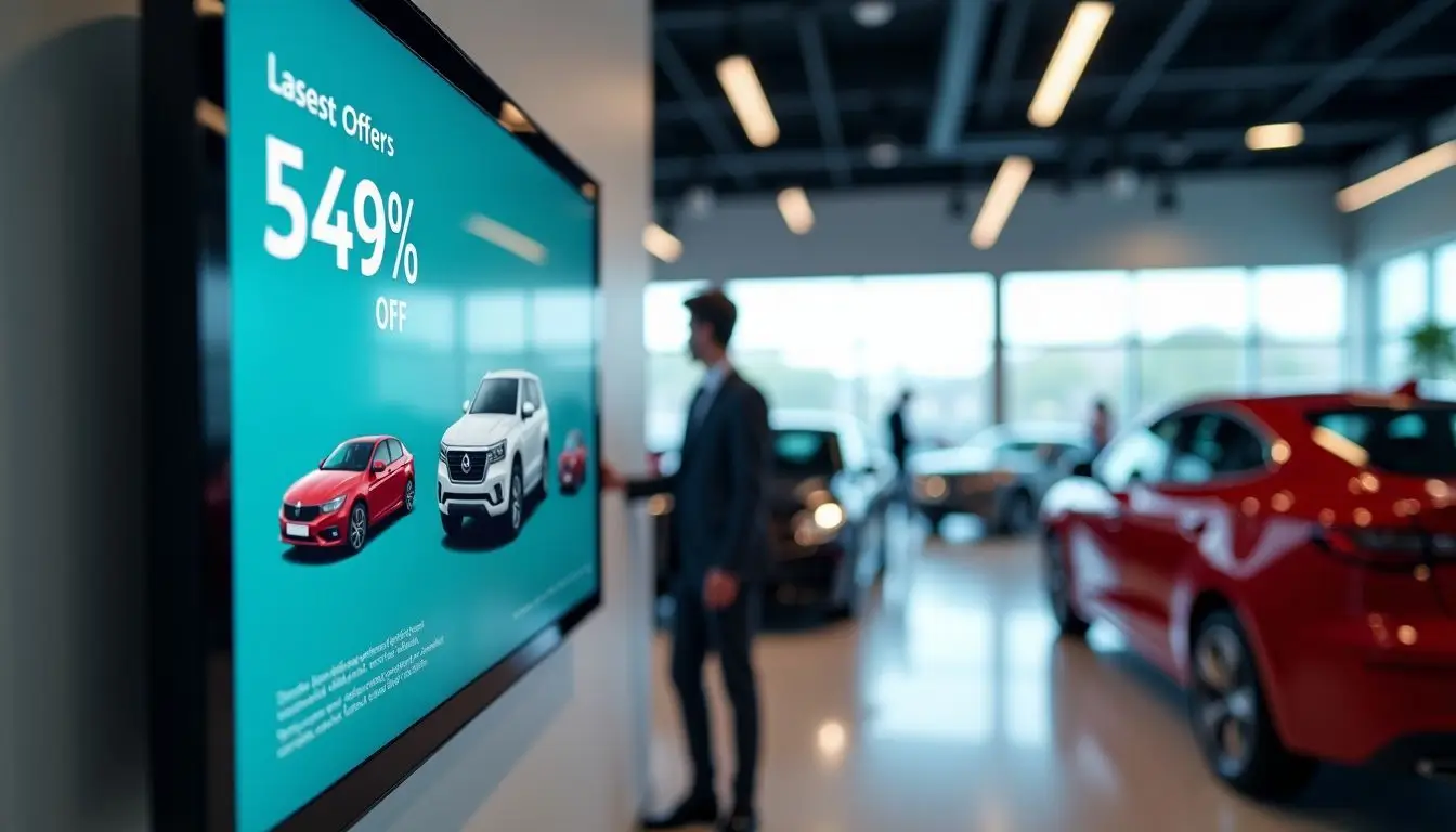 A digital signage screen in a car dealership displays car models and promotions.