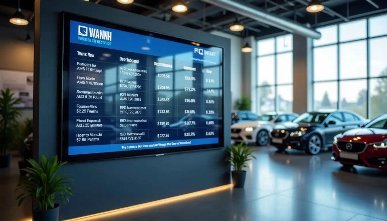 A digital leaderboard in a car dealership showroom displays performance metrics.