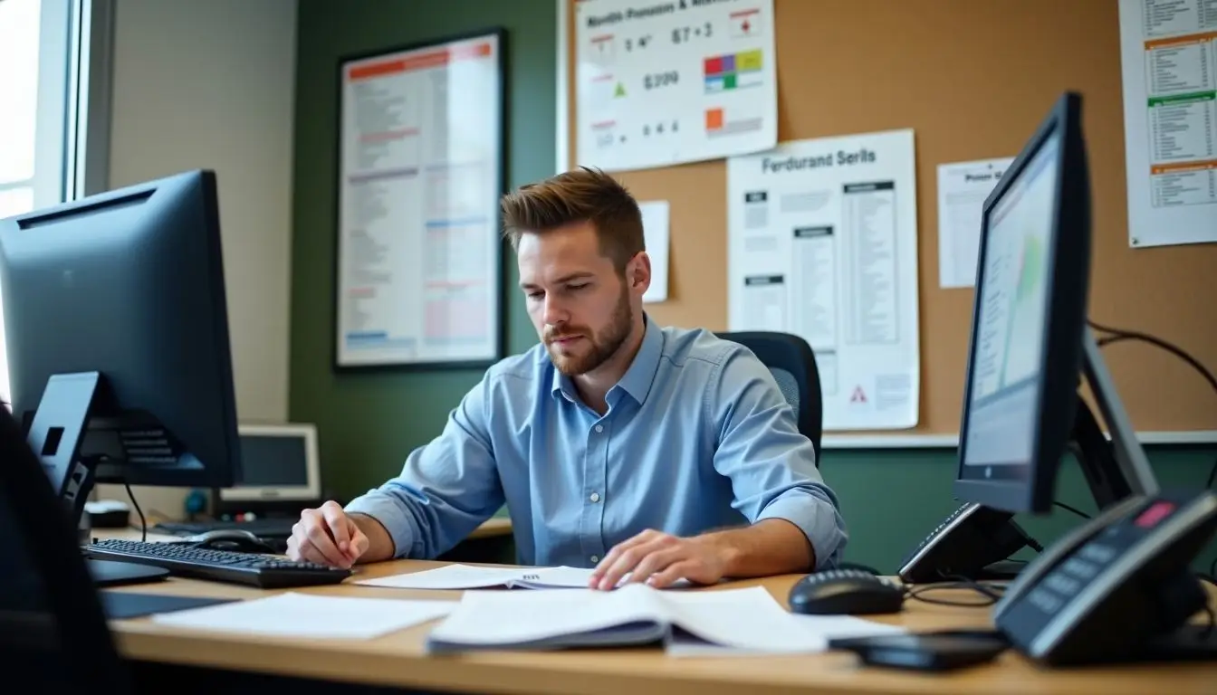 A busy service advisor's workstation in a dealership service department.