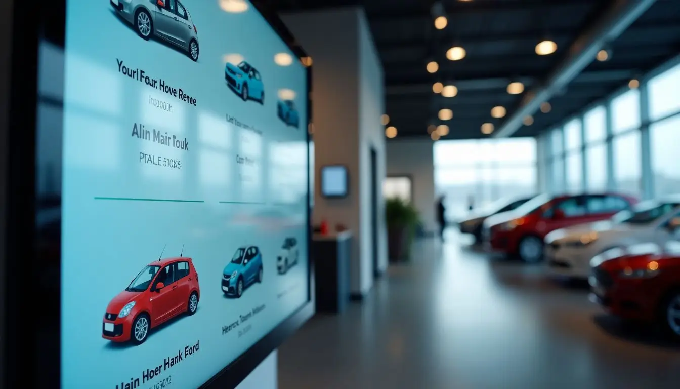 A digital sign displays vehicle listings in a modern car showroom.