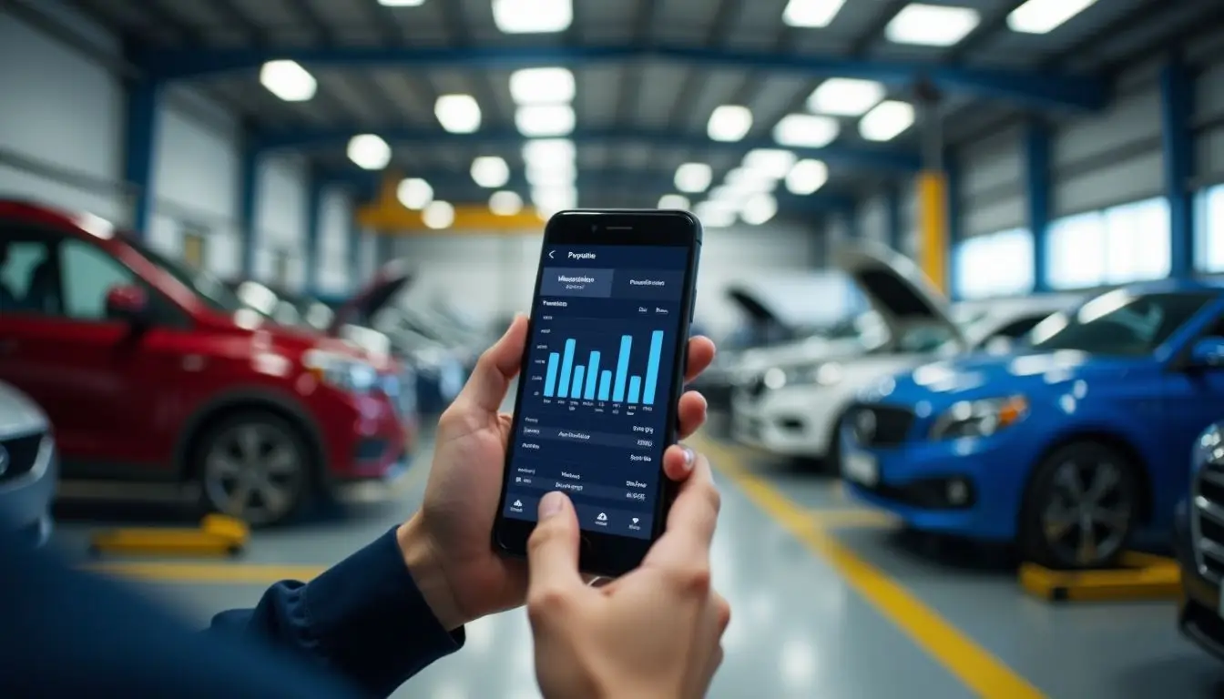 A digital dashboard displays real-time productivity metrics in a dealership service bay.