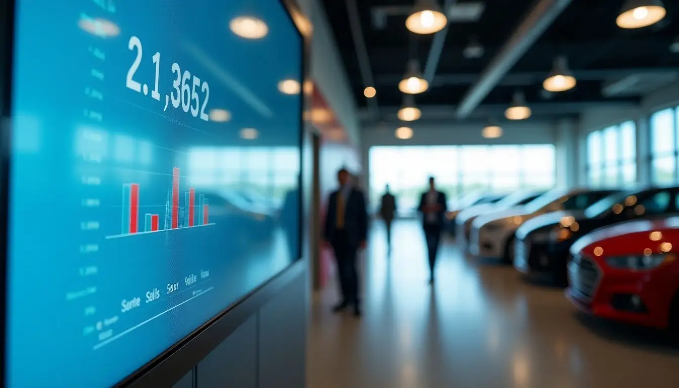 A digital sales leaderboard displays real-time data in a car showroom.