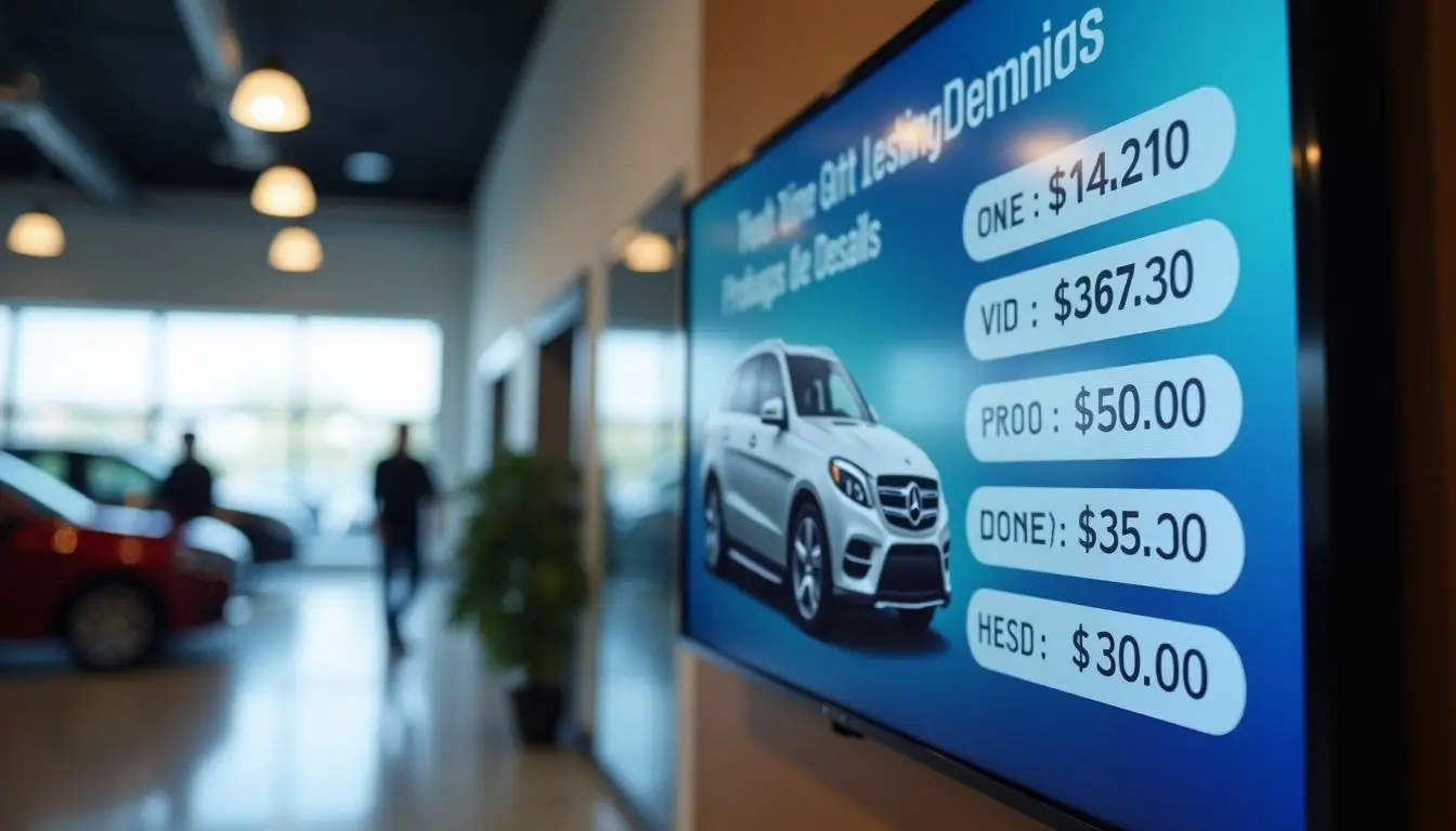 A digital signage board in a car dealership showroom displays real-time vehicle prices and promotions.