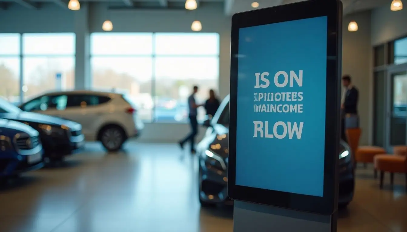 A digital sign in a car dealership showroom displays real-time updates.