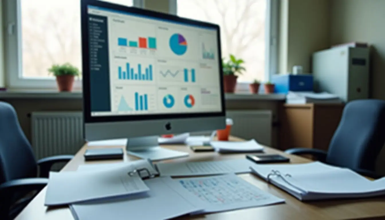 A cluttered office desk with scattered files and a computer displaying performance graphs.