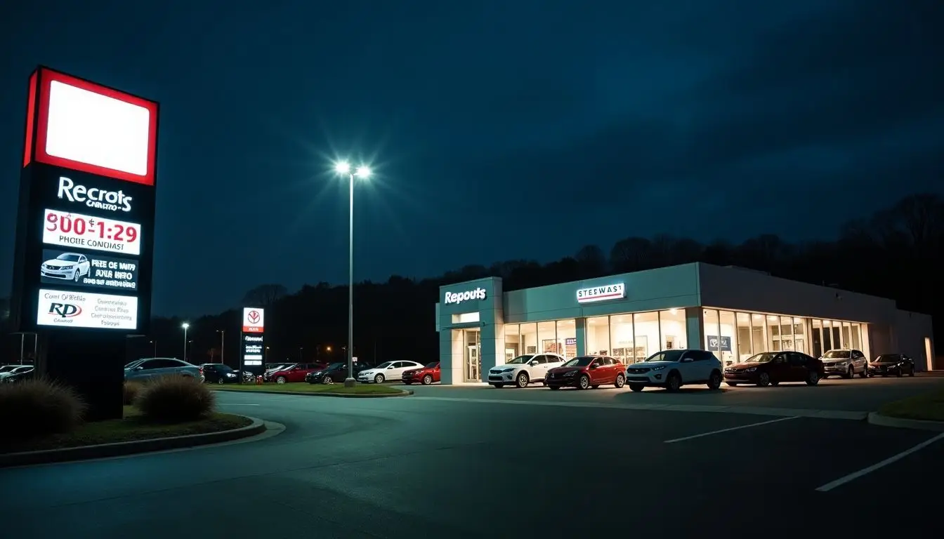 A night view of an empty car dealership with lit up digital signs.