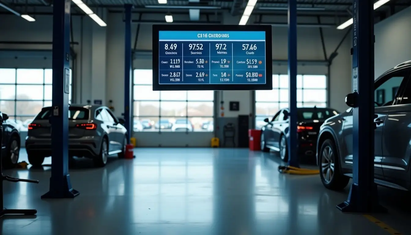 A digital Fixed Ops Leaderboard displaying real-time service metrics in a dealership service bay.