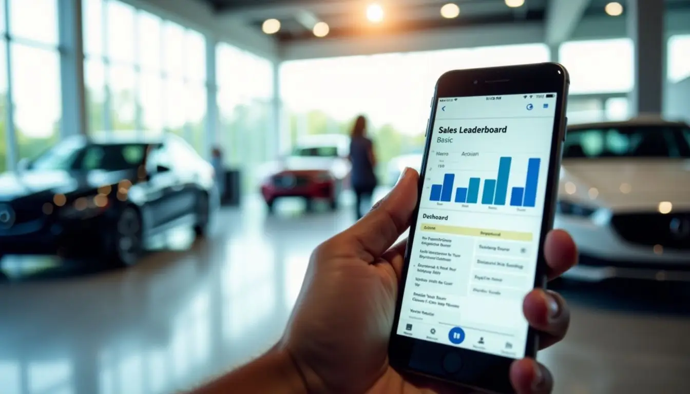 A Sales Leaderboard Basic dashboard in a busy car dealership office.