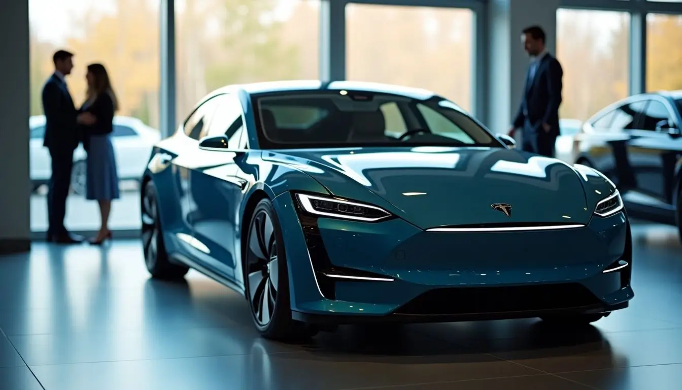 A modern electric car on display in a showroom.