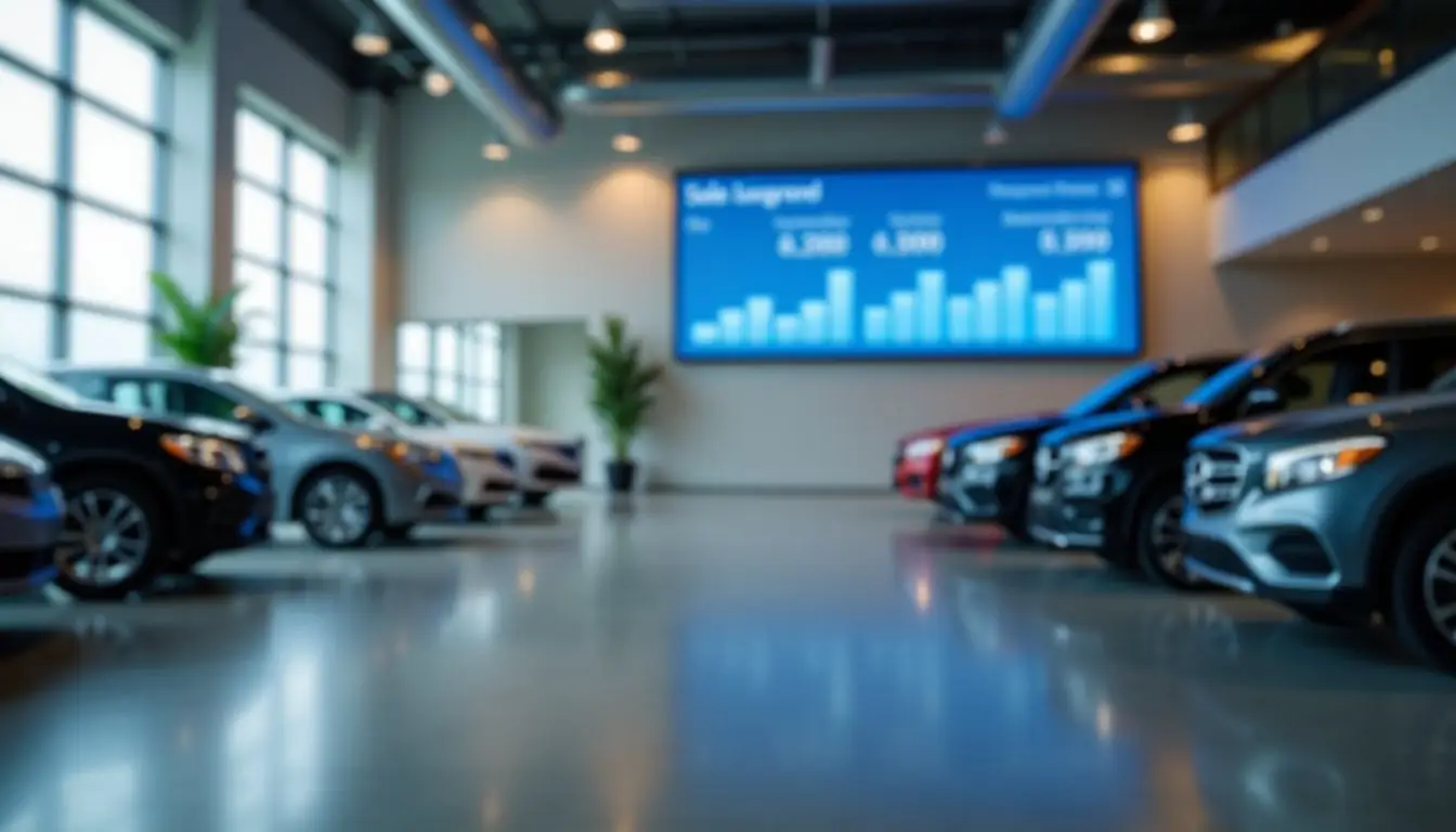 An empty dealership showroom with a digital sales leaderboard display.