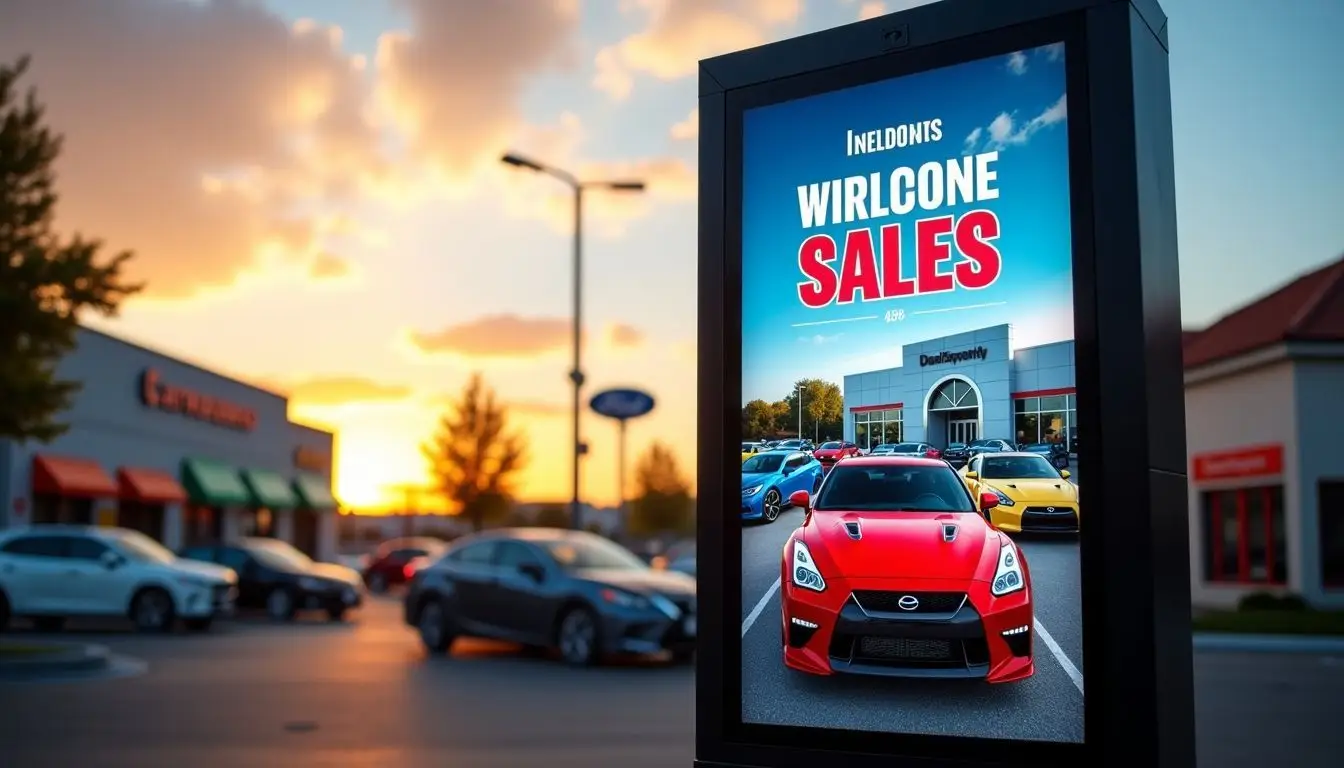 A digital sign at an automotive dealership featuring colorful car models and promotional offers on a sunny afternoon.