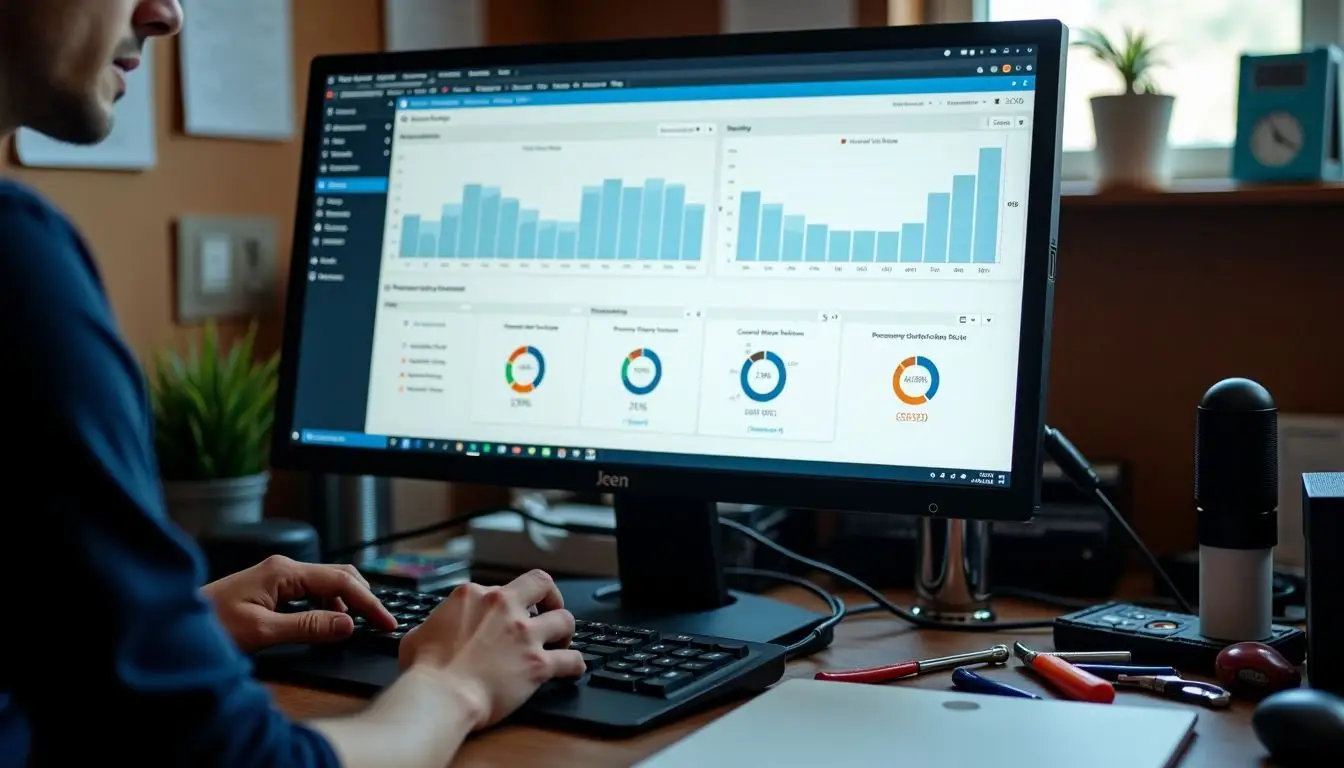 A cluttered technician's workspace with tools and a computer showing performance dashboard.