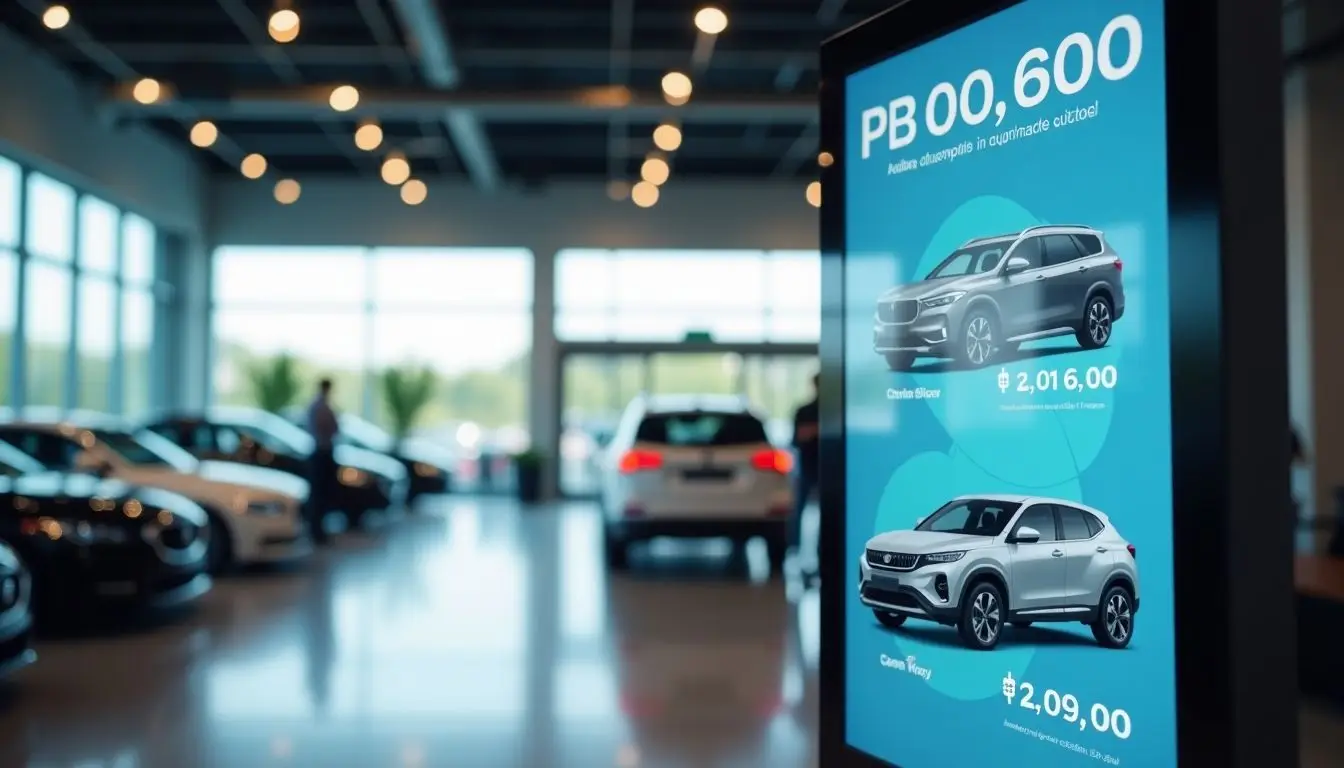 A digital signage board displays vehicle models and prices in a car dealership showroom.