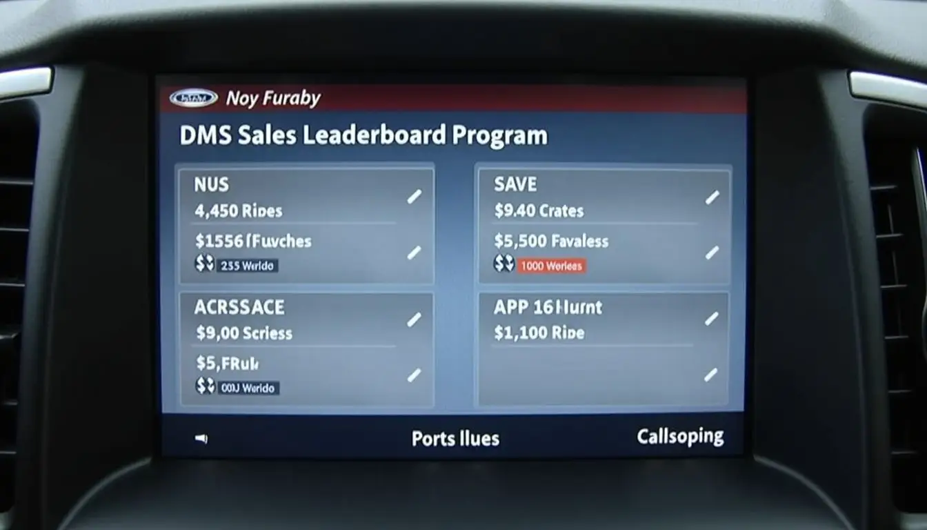 A digital screen displays DMS Sales Leaderboard Program with sales metrics.