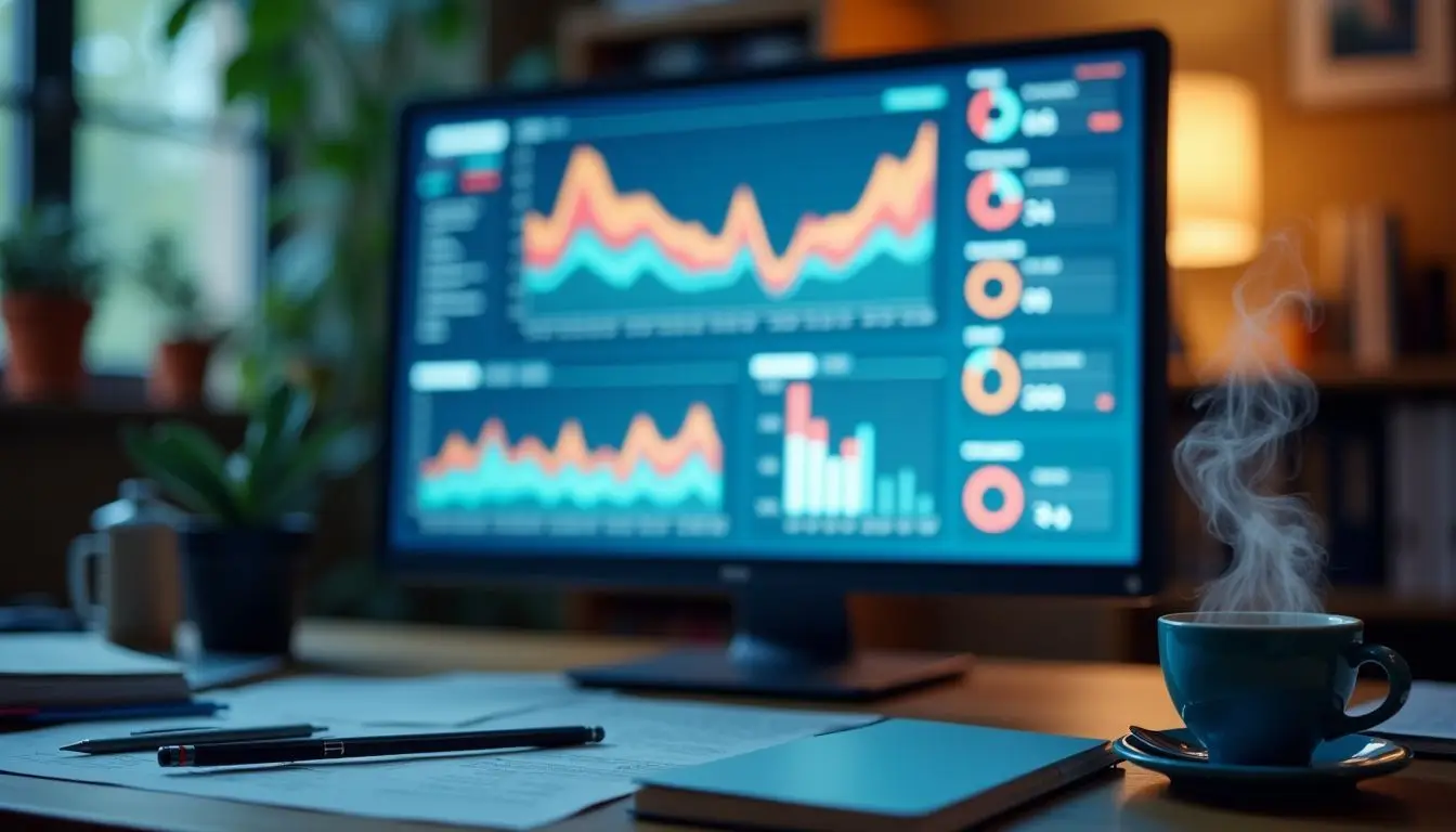 A digital sales leaderboard in an office with cluttered desk.