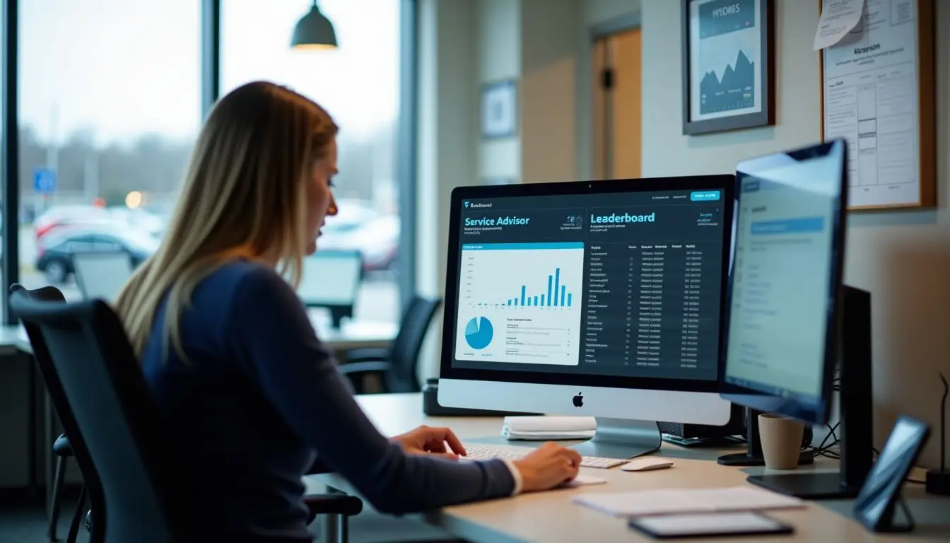 A cluttered service advisor's desk with KPI metrics and appointment calendar.