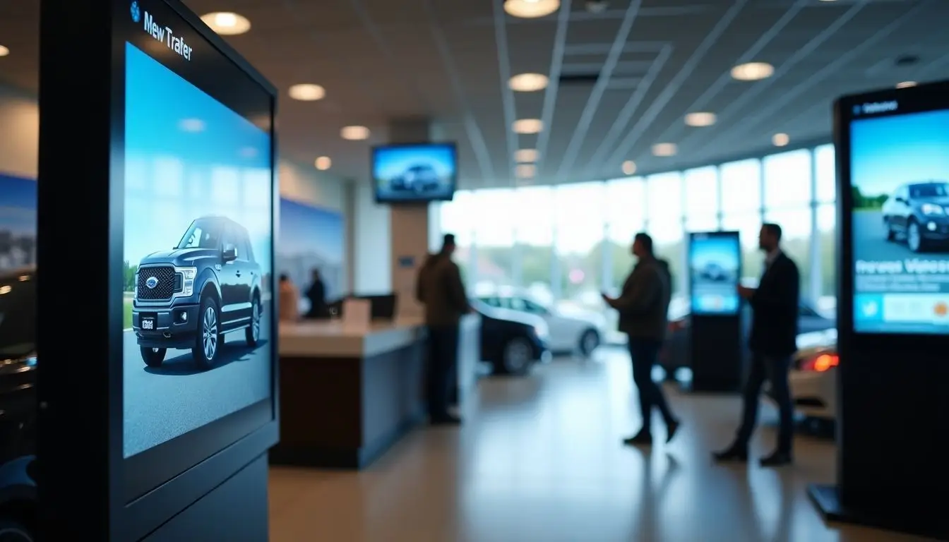 A showroom with digital signage advertising new car models and deals.