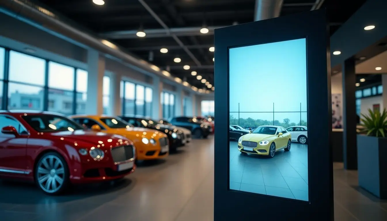 A car dealership showroom with modern decor showcases various car models.