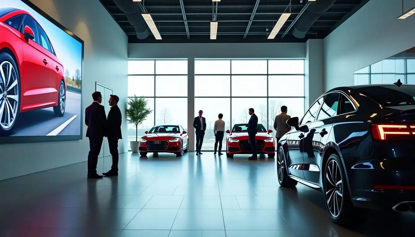 An Audi City Showroom with modern design and digital car displays.