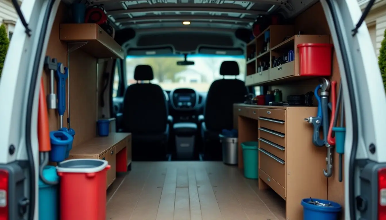 A well-organized toolkit inside a service van parked in a residential neighborhood.