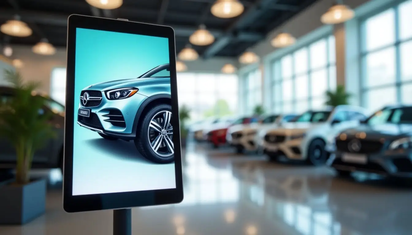 A digital sign advertises a sleek car promotion in a showroom.