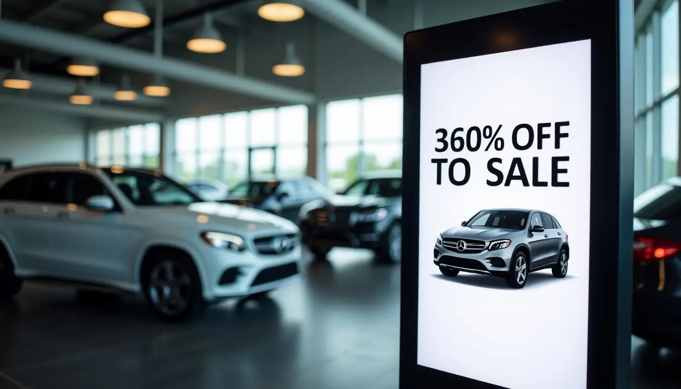 A digital sign in a car dealership showroom showcases sleek car models.