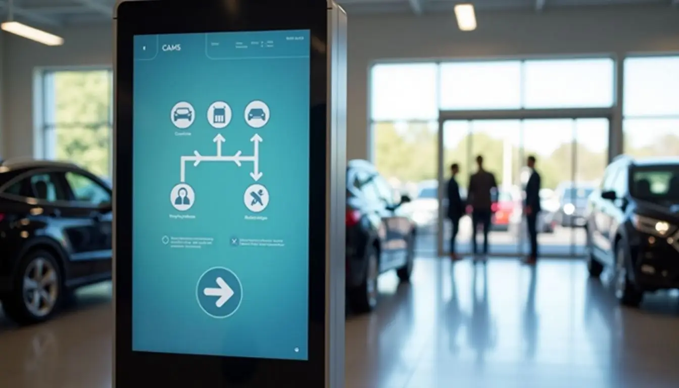 A digital wayfinding kiosk in a dealership showroom.