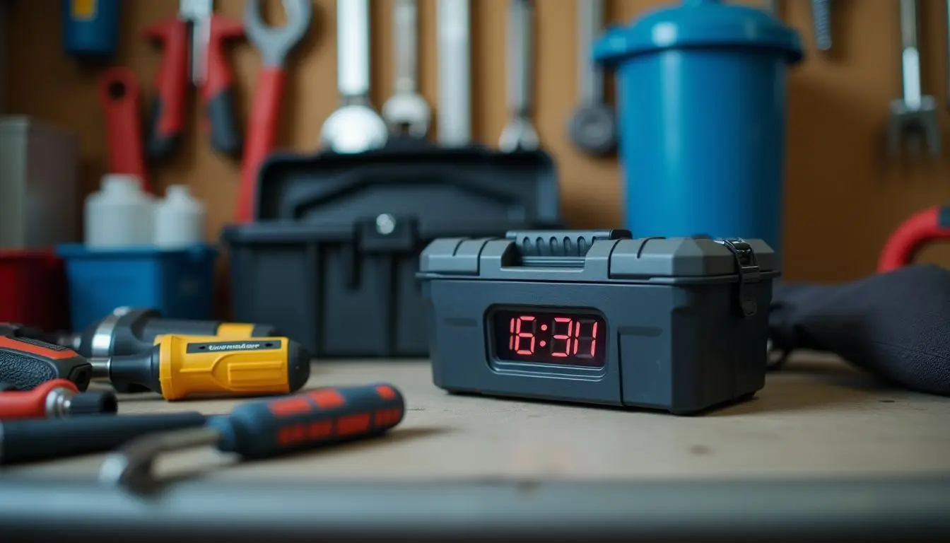 A tidy garage workspace with organized toolbox and maintenance tools.