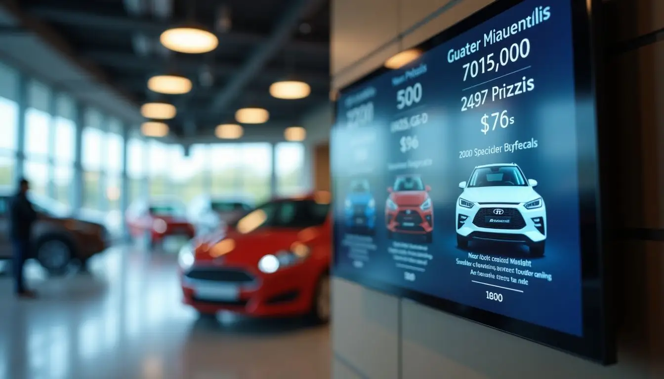 A digital signage display in a car showroom with car specifications and pricing.