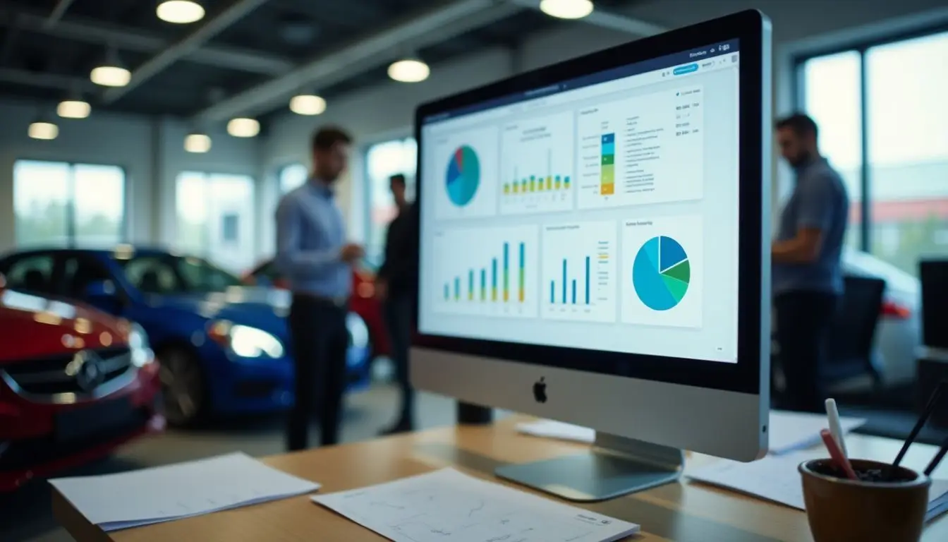 A digital performance tracking system dashboard in a car dealership office.