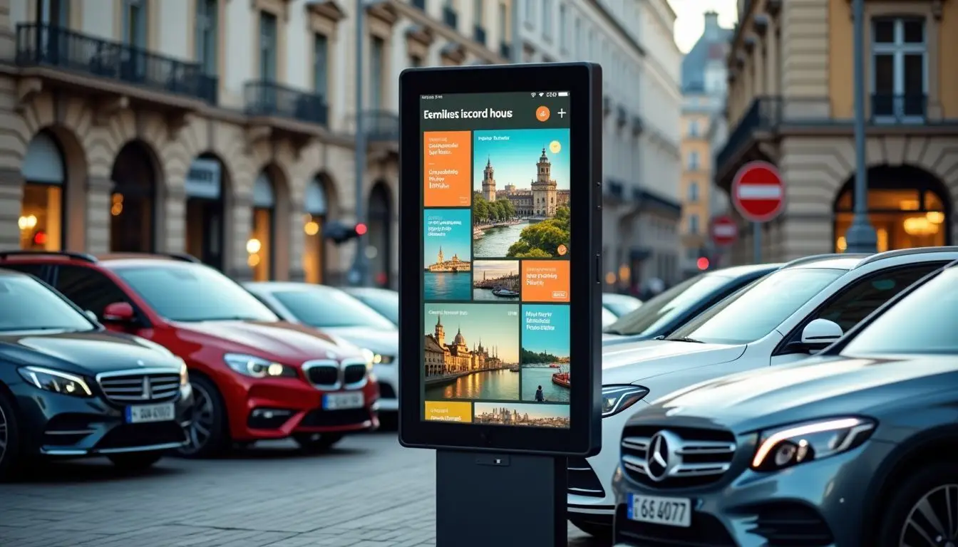 A digital tourism board in an urban square surrounded by parked cars.