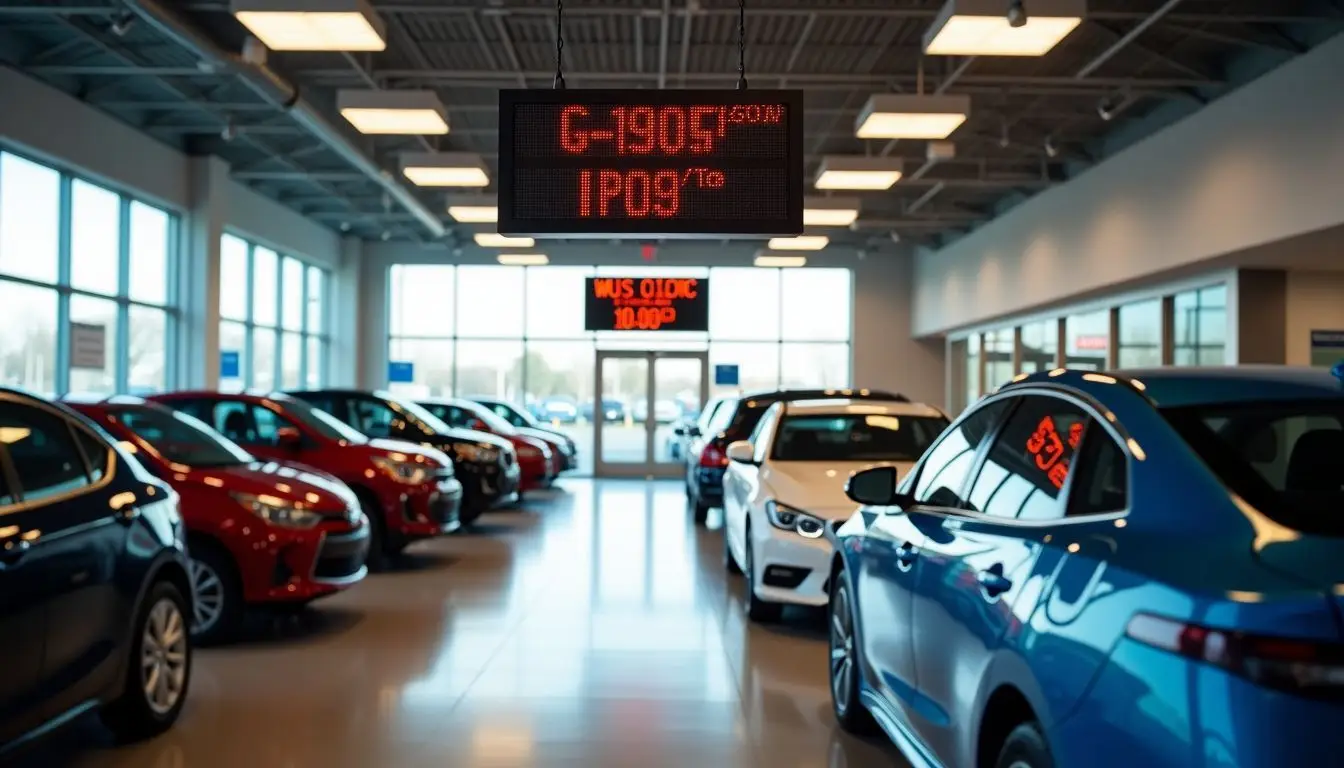 A car showroom filled with various vehicles and digital signs.