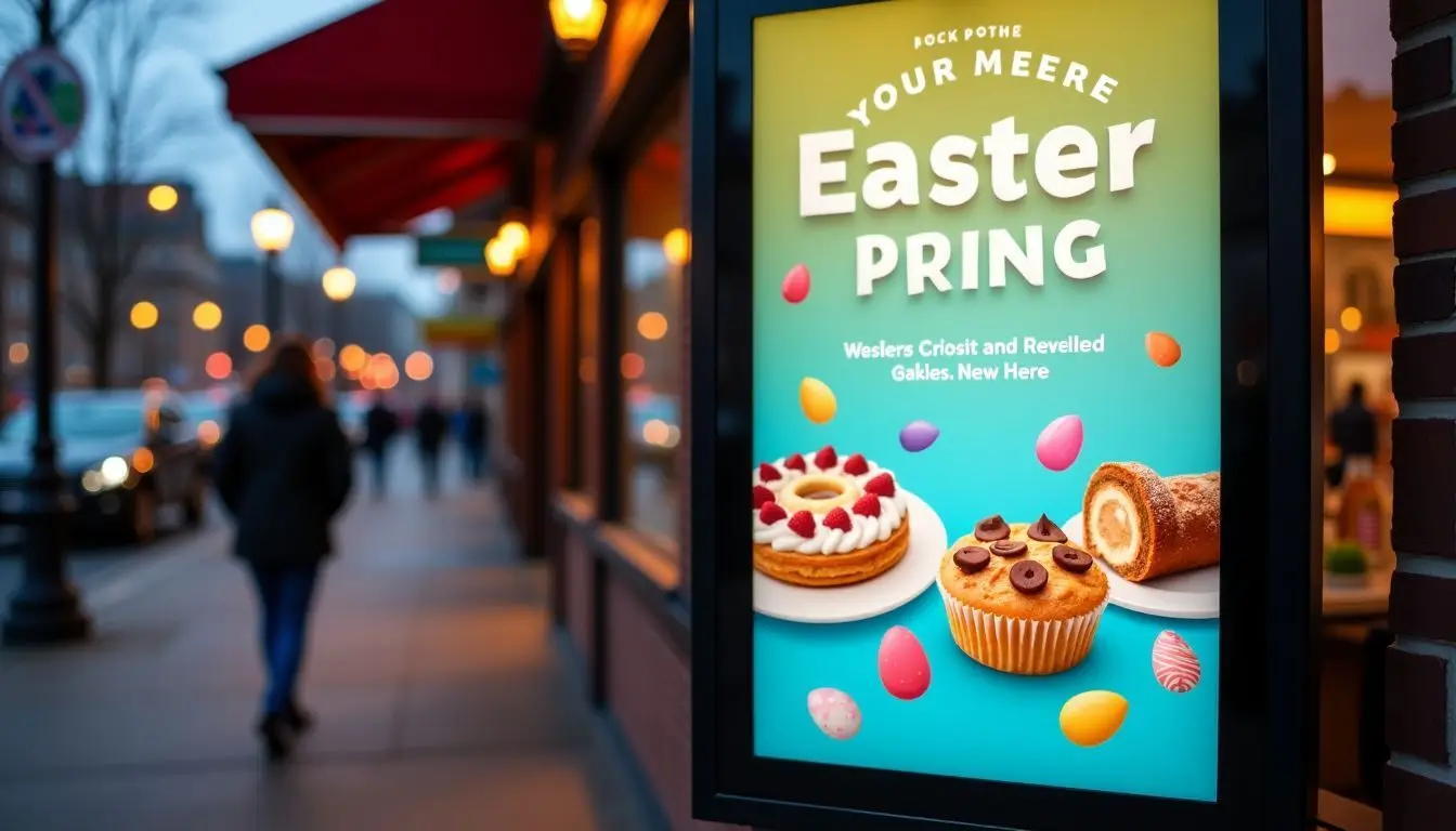 A digital signage display at a bakery promoting festive Easter baked goods.