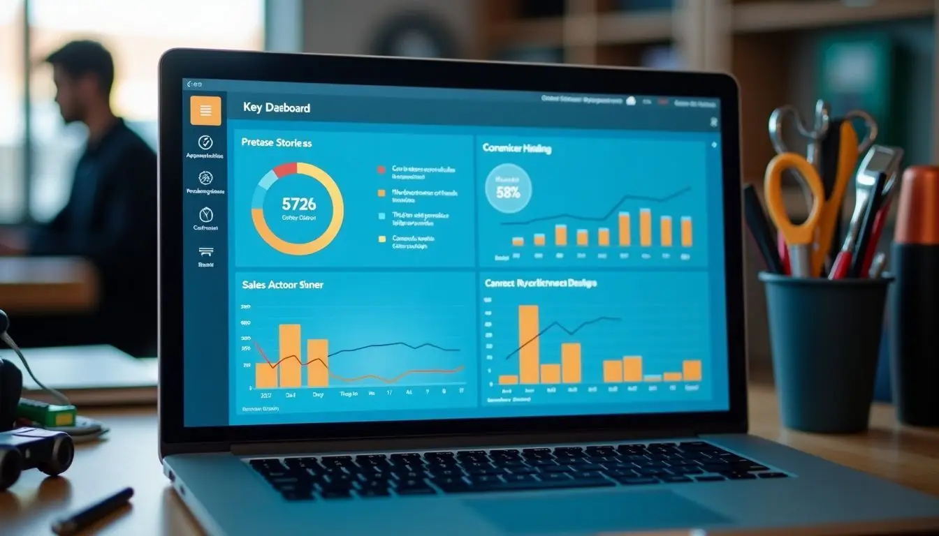 A digital dashboard at an automotive dealership displaying KPIs and success stories.