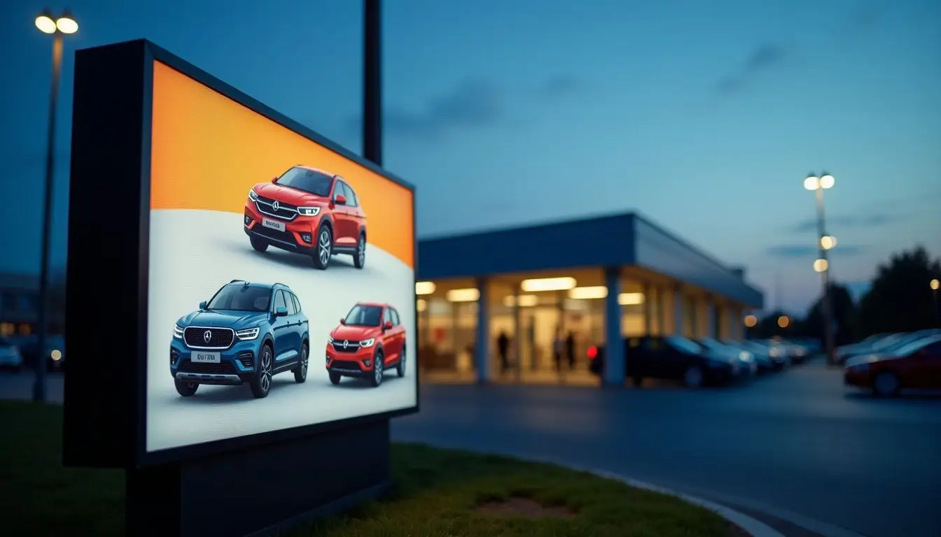 A digital sign outside a dealership displays various car models.