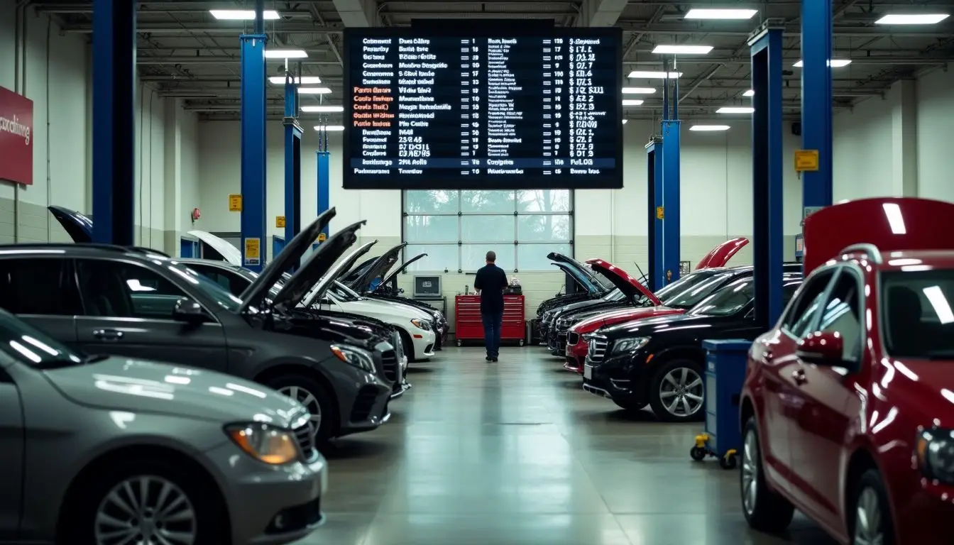 A busy service department with tools, equipment, and vehicles in repair.