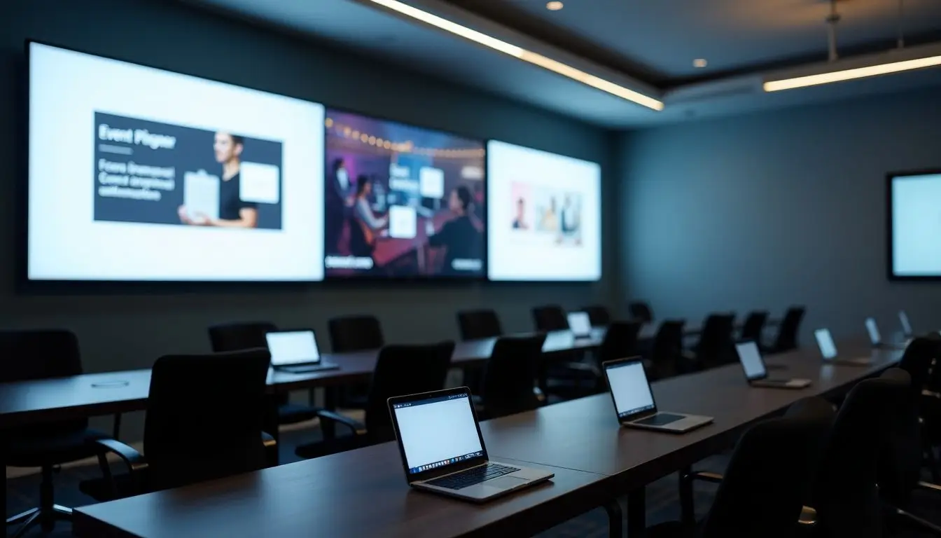 A conference room with various digital signage screens for event planners.