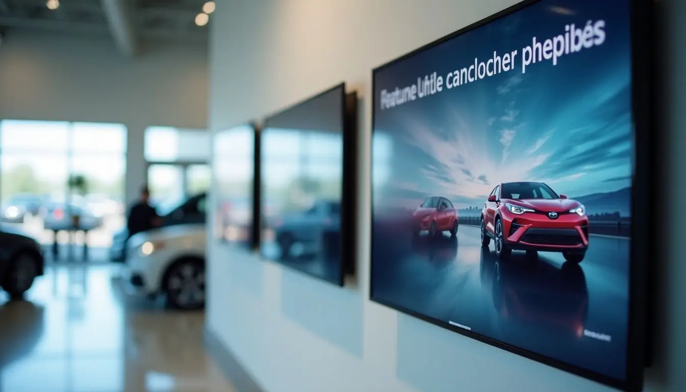 A digital signage display in a dealership showroom promoting vehicle features.