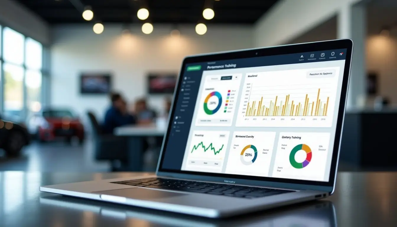 An open laptop displaying a digital performance tracking dashboard in an office.